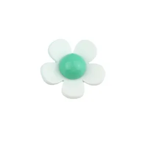 White acrylic flower cabochon with green dome center for DIY hair clips and crafts
