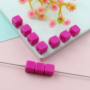 8mm pink acrylic square cube loose beads for DIY jewelry making and beading accessories detail view.