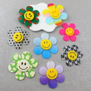 Korean Style Cute Sunflower Smiley Face Double Layer Acrylic Pendant Charm DIY Jewelry Making Accessories
