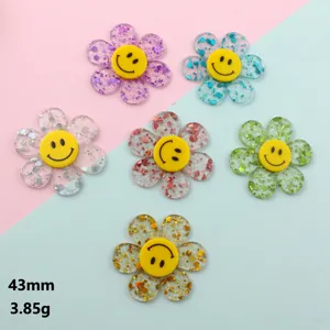 Acrylic flower pendant detail, 43mm colorful double-layer charm with yellow smiley design.
