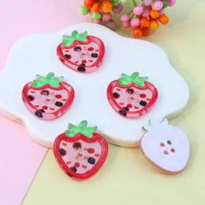 Colorful printed acrylic strawberry 4-hole buttons for DIY crafts and cute accessories.
