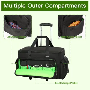 Durable rolling cable storage bag with multiple outer compartments and telescopic handle.