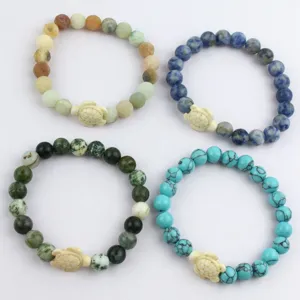 Natural Stone Beaded Bracelet Women Fashion Sea Turtle Charm Turquoise Stretch Bracelet Elegant Daily Jewelry Gift