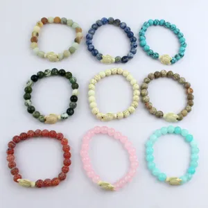 9pcs natural stone beaded bracelets with turtle charm elastic healing crystal jewelry for women