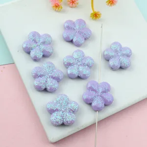 Purple glitter acrylic five petal flower loose beads, DIY jewelry accessories detail.