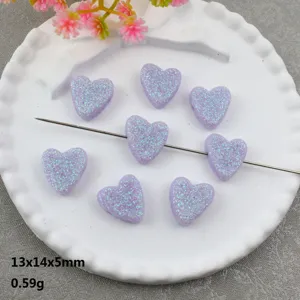 Purple glitter heart acrylic beads, 13x14x5mm spacer charm for DIY jewelry making.