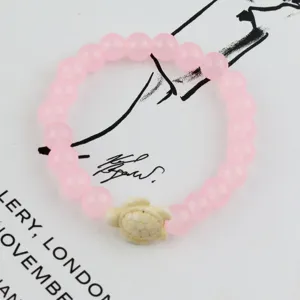 Pink beaded bracelet with white turtle charm elastic rope fashion women jewelry accessory