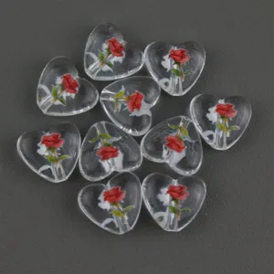 Transparent acrylic heart beads with red rose print for DIY jewelry making and crafts