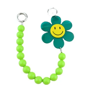 Large green acrylic smiley sunflower phone chain bead bag pendant accessory for women