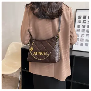 Women quilted shoulder bag fashionable chain underarm bag stylish brown crossbody bag details