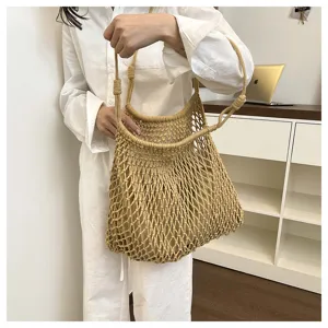 Beige woven mesh shoulder tote bag, hollow out summer beach casual large capacity handbag.