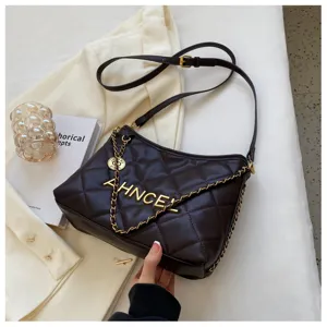 Dark brown quilted shoulder bag with gold chain strap, luxury underarm bag for women.