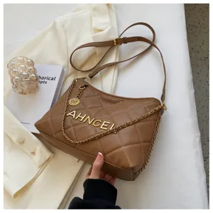 Womens brown quilted shoulder bag fashionable chain armpit bag elegant PU leather handbag