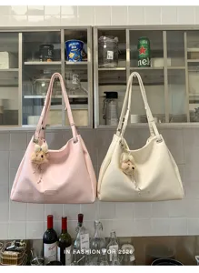 Chic PU leather shoulder tote bag large capacity casual handbag with cute bear charm