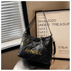 Black quilted shoulder bag with chain strap and metal letters, versatile fashion hobo bag.