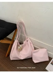 Pink PU leather tote bag set with matching pouch and cute bear pendant, large casual style.