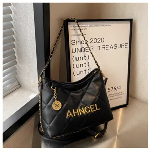 Women quilted shoulder bag black PU leather classic chain crossbody bag underarm purse