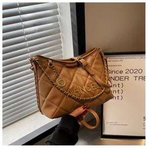 Detail shot of a stylish quilted chain shoulder bag, elegant brown design for daily wear.