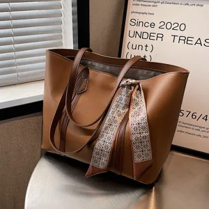 Women PU Leather Tote Bag Large Capacity Casual Commuter Shoulder Bag With Geometric Silk Scarf Fashion Handbag