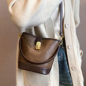 Women's Vintage PU Leather Bucket Bag Small Crossbody Shoulder Bag With Metal Lock Commuter Handbag Casual Purse