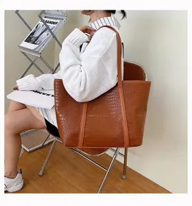 Stylish brown crocodile pattern tote bag, large capacity PU leather shoulder bag for women.