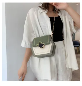 Stylish women green white colorblock hexagonal crossbody bag with elegant gold chain strap.