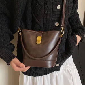 Women vintage brown bucket bag chic PU leather crossbody shoulder bag casual handbag