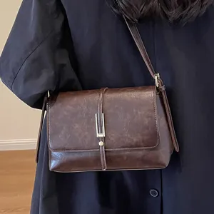 Women French Retro PU Leather Shoulder Bag Casual Solid Color Stitching Crossbody Bag Fashion Tote Bag