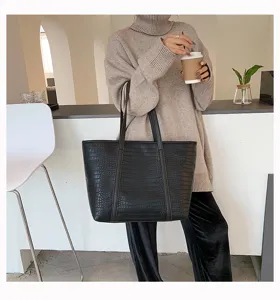 Black crocodile pattern tote bag detail, stylish PU leather handbag for women commute use.