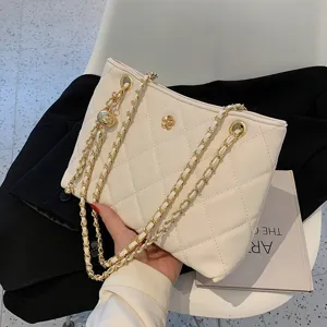 Women White Quilted Chain Shoulder Bag Elegant PU Leather Handbag Fashion Tote Purse
