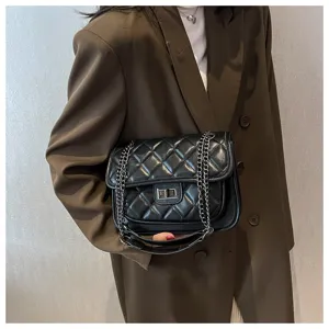 Chic quilted chain shoulder bag, premium black PU leather design, elegant crossbody bag.