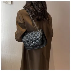 Women quilted chain shoulder bag, classic diamond lattice crossbody bag with metallic lock.
