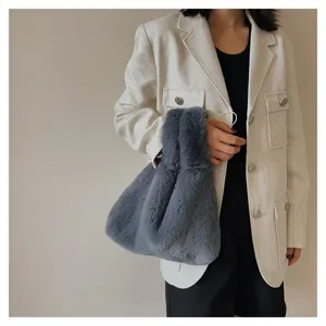 Stylish dark grey plush handbag for women, soft faux fur top handle tote bag for daily wear.
