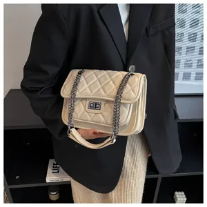 Chic quilted chain crossbody bag for women, elegant commuter shoulder bag with metal lock.