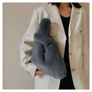 Chic grey plush knot handbag for women, trendy fluffy casual tote bag for spring and summer style.