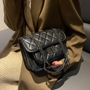 Black quilted chain shoulder bag, stylish commuter crossbody bag with premium hardware.