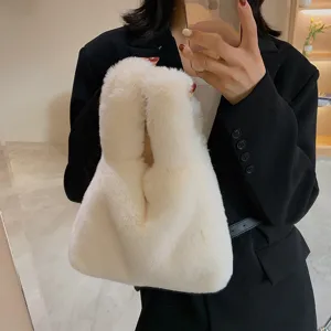 Women Fashionable Plush Handbag Soft Faux Fur Tote Bag Casual Winter Fluffy Small Shoulder Purse Top Handle Bag