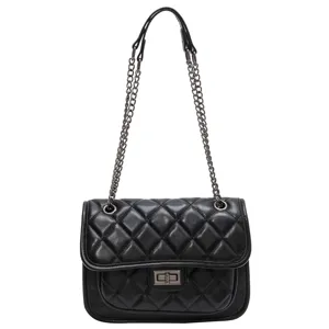 Black quilted leather shoulder bag for women, chic chain strap crossbody bag with turn lock.