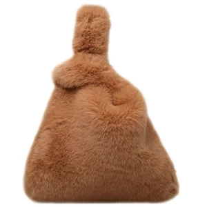 Fluffy plush knot handbag for women, cute faux fur small wrist bag, cozy winter tote purse.