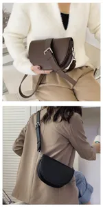 Stylish women's saddle bag with wide strap, trendy PU leather crossbody bag for daily autumn wear.