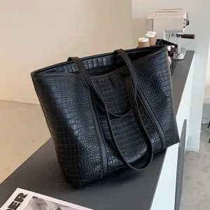 Women Large Capacity Tote Bag PU Leather Crocodile Pattern Handbag Casual Commuter Shoulder Bag Stylish Tote