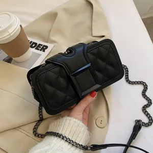 Women Quilted Shoulder Crossbody Bag Fashion PU Leather Small Square Bag With Chain Strap And Lock Buckle
