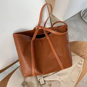 Stylish brown crocodile pattern leather tote bag, large capacity shoulder bag for women.