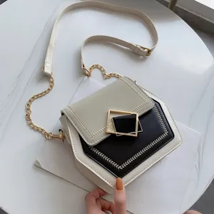 Chic color-block women shoulder crossbody bag with metal chain strap and geometric clasp.