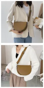 Fashion wide strap saddle bag for women, trendy khaki shoulder and crossbody bag for autumn style.