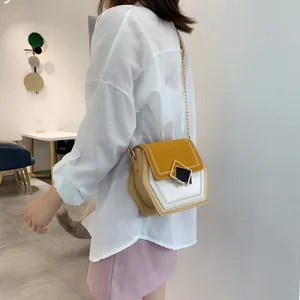 Stylish women colorblock crossbody bag with chain strap and chic geometric buckle for daily use.