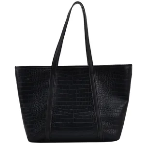 Black crocodile pattern large capacity women tote bag shoulder bag commute casual daily