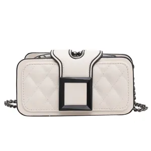 Elegant white quilted women shoulder bag with stylish black square buckle and chain strap.