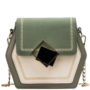 Chic hexagonal color-block women shoulder bag with gold chain strap and geometric clasp.