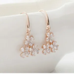 Rose gold plated zircon cluster drop earrings, elegant hook design for women's daily wear.